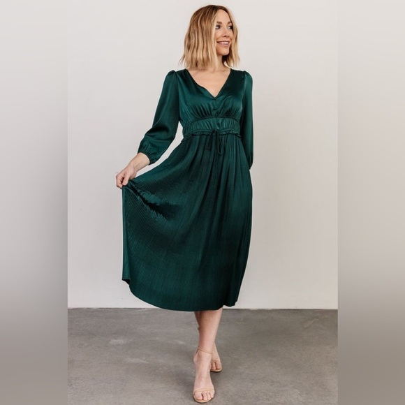 Baltic Born Gabriella Dark Green Satin Accordian Pleated Midi Dress - Picture 1 of 13